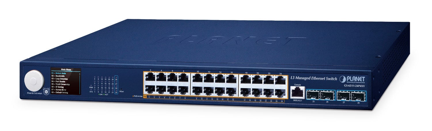 Switch Ethernet Administrado L3 de 24 Puertos 802.3at PoE + 4 Puertos 10G SFP+ Con Pantalla LCD Inteligente