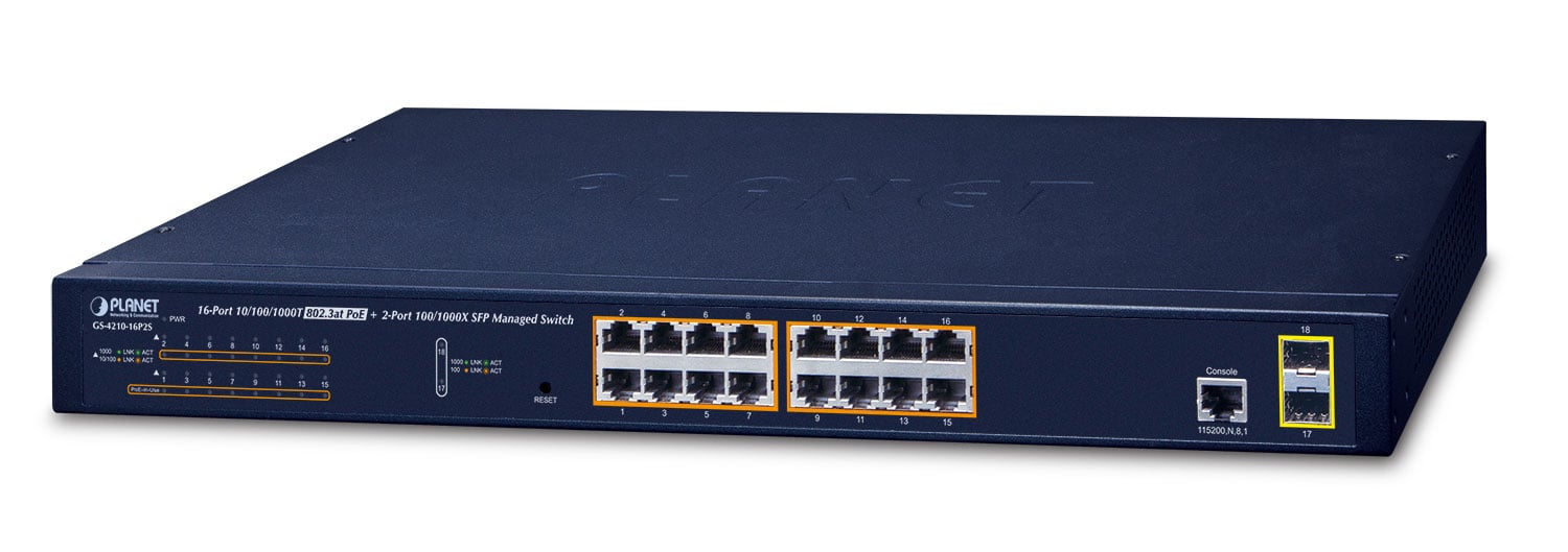 Switch Administrado de 16 Puertos 10/100/1000T 802.3at PoE + 2 Puertos 100/1000X SFP