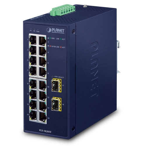 Switch Ethernet Industrial de 16 Puertos 10/100/1000T + 2 Puertos 1000X SFP (-40~75 Grados C)