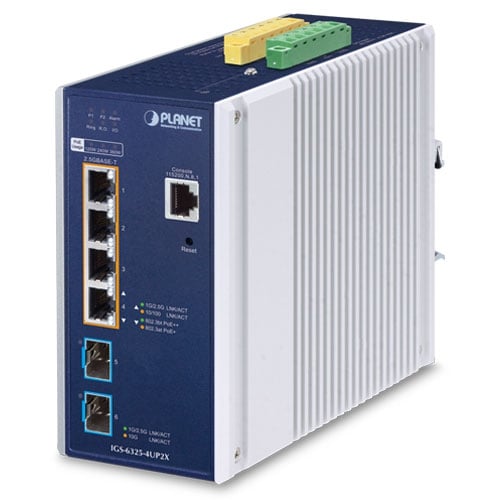 Switch industrial PoE PLANET IGS-6325-4UP2X para riel DIN