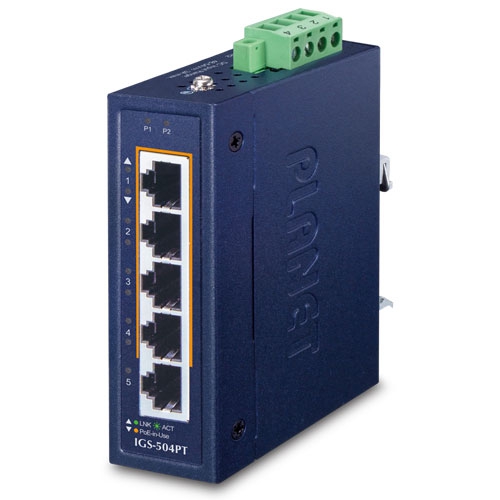 Switch Ethernet Industrial Compacto de 4 Puertos 10/100/1000T 802.3at PoE + 1 Puerto 10/100/1000T