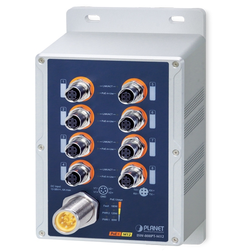 Switch Industrial IP67 de 8 Puertos 10/100TX M12 802.3at PoE+ (-40~75 Grados C)