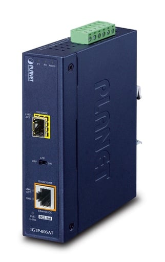 Conversor de Medios Industrial 1000BASE-SX/LX a 10/100/1000BASE-T 802.3at PoE+