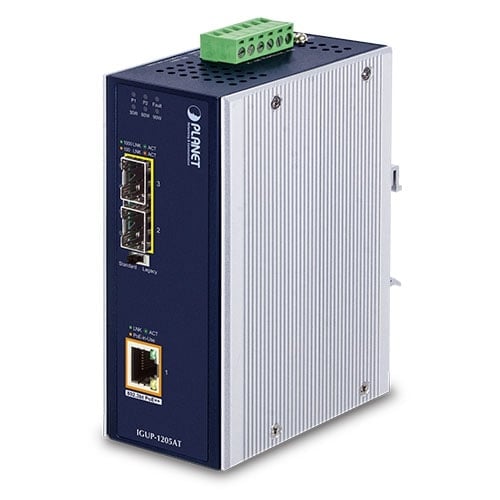 Conversor de Medios Industrial PoE++ de 2 Puertos 100/1000X a 1 Puerto 10/100/1000T 802.3bt PoE++
