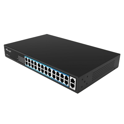 Switch PoE, 24 puertos PoE RJ45 10/100Mbps, 2 puertos uplink 1000Mbps