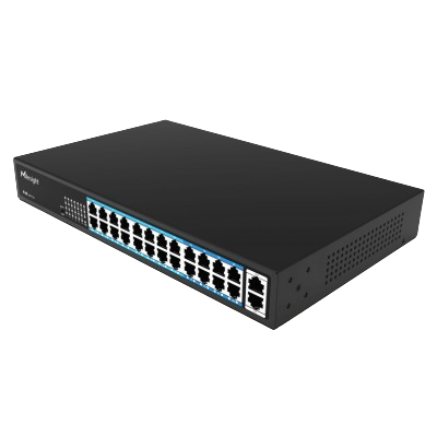 Switch PoE, 24 puertos PoE RJ45 10/100Mbps, 2 puertos uplink 1000Mbps