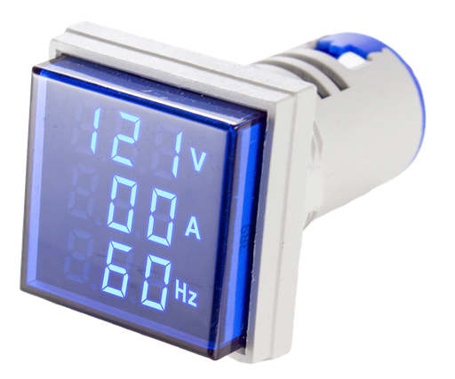 Indicador Digital Tensión, Corriente y Frecuencia 0-99HZ, 0-100A, 50-500VCA, 22mm, cuadrado