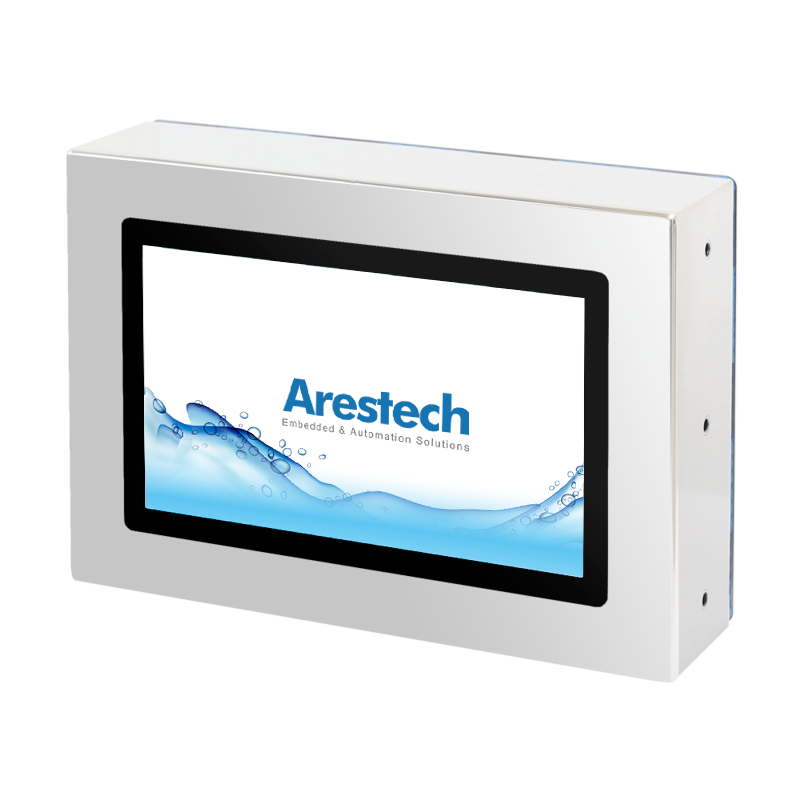 10.1" 16:9 (1280 x 800), 450nits, Stainless Steel 316 Full IP66/69K Protection, Fanless Panel PC with Intel Pentium N4200 CPU, Projected Capacitive Touch, 4G RAM, 64G SSD, 1 VGA, 2 USB 2.0, 1 RS-232/422/485, 1 GbE, DC 9-36V (M12 Connector)