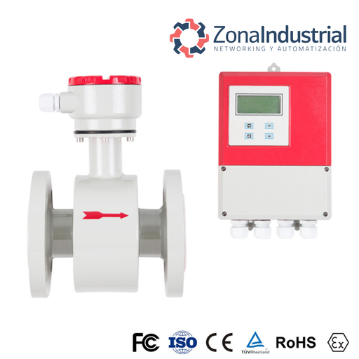 Caudalímetro electromagnético segregado DN40, 85~265V AC, 1.6MPa, salida RS485+4-20mA, recubrimiento goma blanda, electrodos inox, IP65
