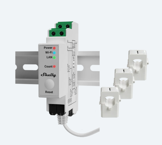 Shelly Pro 3EM - Medidor de Energía Trifásico DIN 120 A con Wi-Fi, LAN y Bluetooth (Incluye 3 Transformadores de Corriente 120 A)