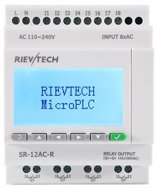 PLC Compacto SR-12AC-R, 8 Entradas Digitales 110-240VAC, 4 Salidas Relé, Rievtech