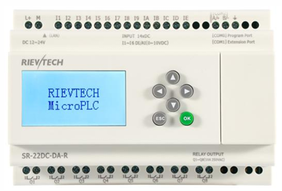 PLC SR-22DC-DA-R, 14 entradas (6 análogas 0-10V), 8 salidas relé, alimentación DC12-24V/AC24V, Rievtech