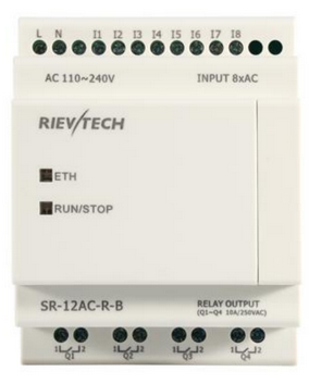 PLC SR-12AC-R-B, 8 entradas digitales 110-240VAC, 4 salidas relé, sin LCD, Rievtech