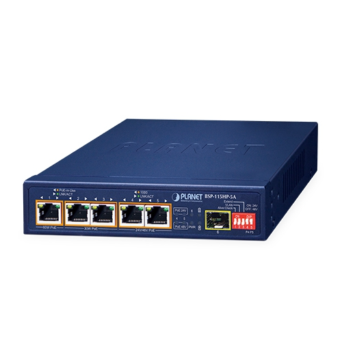 Switch PoE solar híbrido BSP-115HP-5A de 5 puertos con 1 puerto 1000X SFP