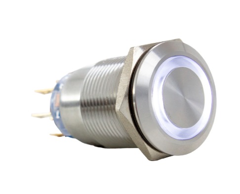 Botón metálico antivandalismo iluminado, Ø19mm, alternado, blanco, 24VCA/CC