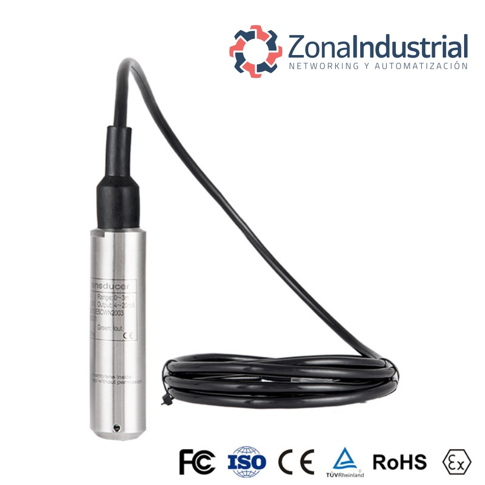 Sensor de Nivel Hidrostático para Pozo Agua 4 a 20mA 15m de Cable 0.5%FS