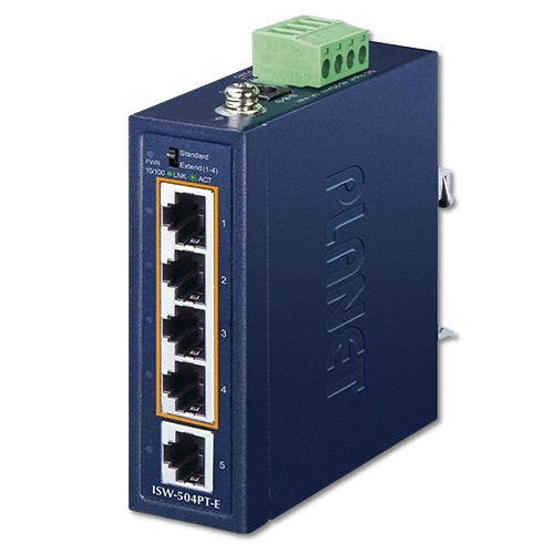 Switch Industrial Compacto 5 Puertos Fast Ethernet con 4 PoE+ PLANET ISW-504PT-E