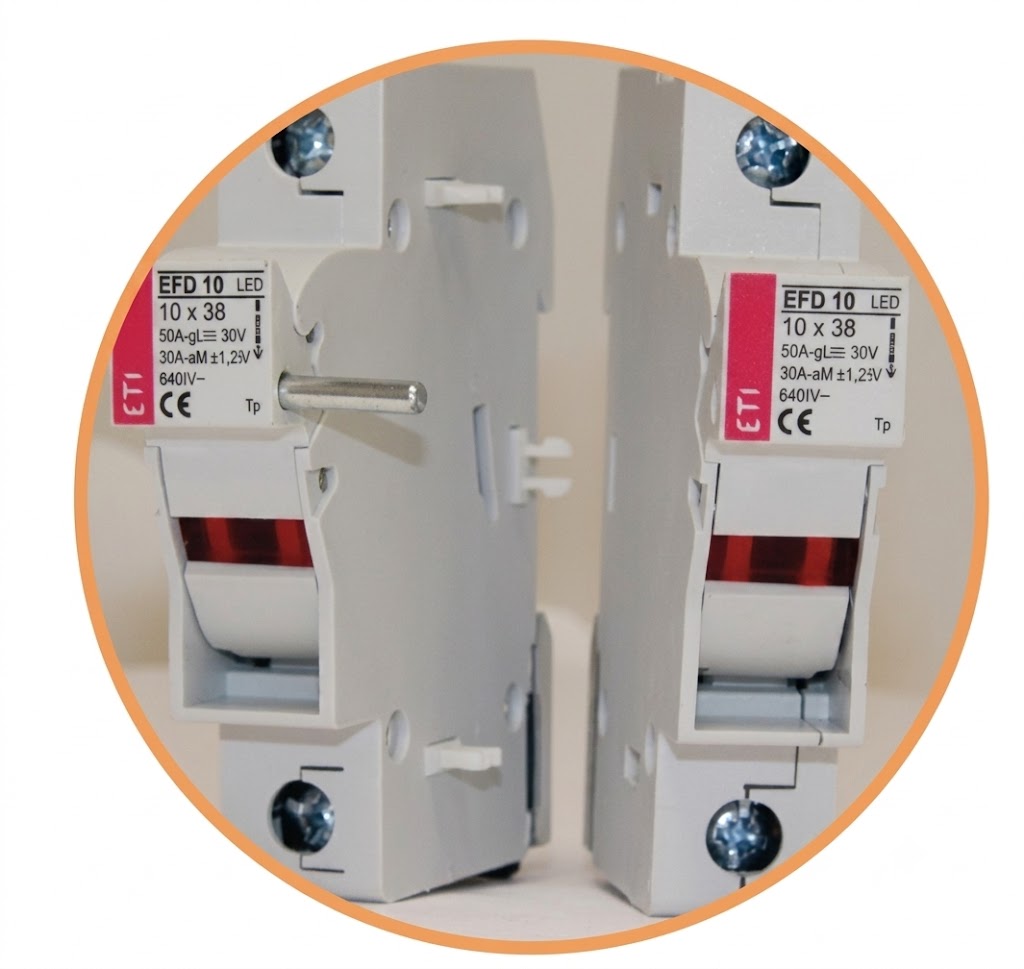 Kit de conexión portafusibles10x38 y 8x32 para unir 1 par de bases (3 clips y 1 pasador).