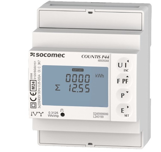 Medidor de energía trifásico a través TC Countis P44 con comunicación MODBUS RS-485, marca Socomec (Francia)