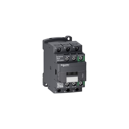 Contactor TeSys D 3P 18A AC-3 hasta 440V bobina 100-250V AC/DC Schneider Electric LC1D18KUE